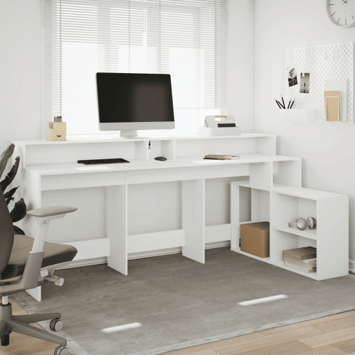 Secretária - Escrivaninha de computador c luzes LED 200x104x91 cm derivados madeira branco