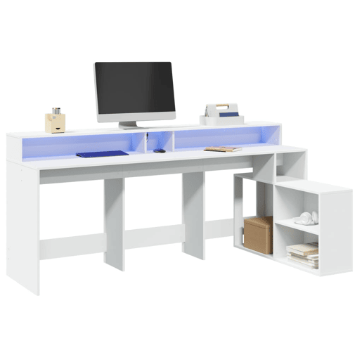 Secretária - Escrivaninha de computador c luzes LED 200x104x91 cm derivados madeira branco