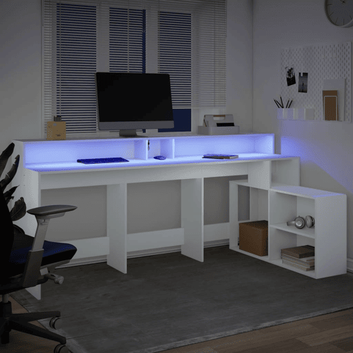 Secretária - Escrivaninha de computador c luzes LED 200x104x91 cm derivados madeira branco