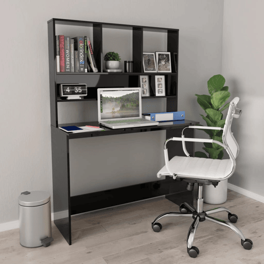 Secretária - Escrivaninha de computador c prateleiras 110x45x157cm contrap. preto brilhante