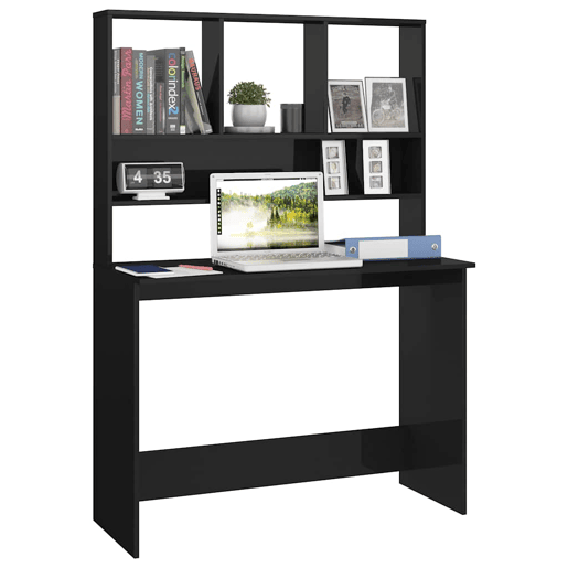 Secretária - Escrivaninha de computador c prateleiras 110x45x157cm contrap. preto brilhante