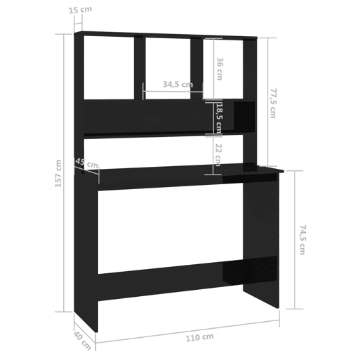 Secretária - Escrivaninha de computador c prateleiras 110x45x157cm contrap. preto brilhante