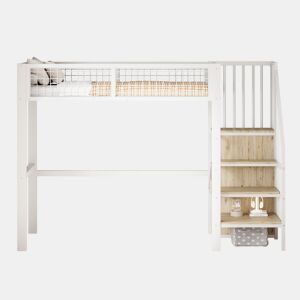 Cama alta 90*200 - com escada, estrutura metálica e prateleira de arrumação, armário - Branco