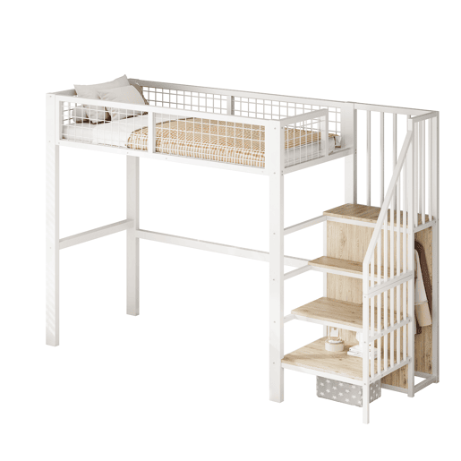 Cama alta 90*200 - com escada, estrutura metálica e prateleira de arrumação, armário - Branco