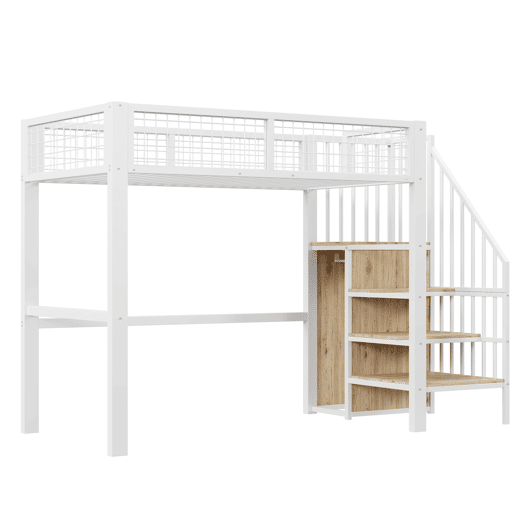 Cama alta 90*200 - com escada, estrutura metálica e prateleira de arrumação, armário - Branco