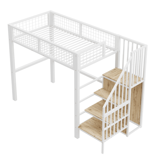 Cama alta 90*200 - com escada, estrutura metálica e prateleira de arrumação, armário - Branco
