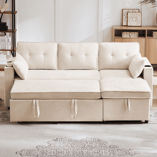 Sofá-cama em forma de L - design moderno, com arrumação e porta-copos - Bege