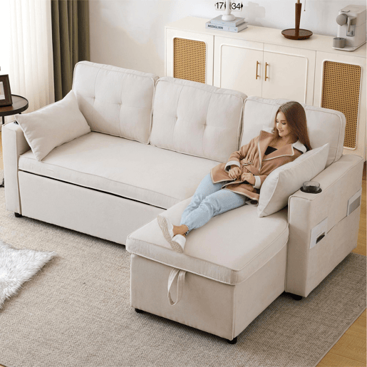 Sofá-cama em forma de L - design moderno, com arrumação e porta-copos - Bege