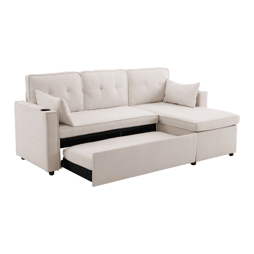 Sofá-cama em forma de L - design moderno, com arrumação e porta-copos - Bege