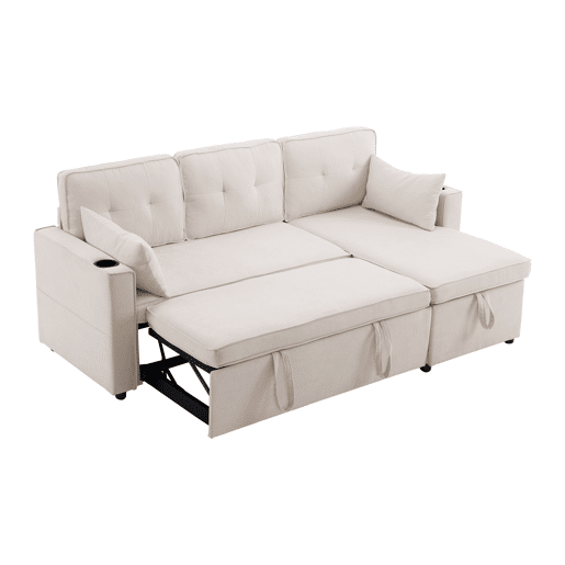 Sofá-cama em forma de L - design moderno, com arrumação e porta-copos - Bege
