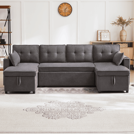Sofá-cama em forma de U - Com função de cama, com porta-copos, arrumação, adequado para famílias - Cinza