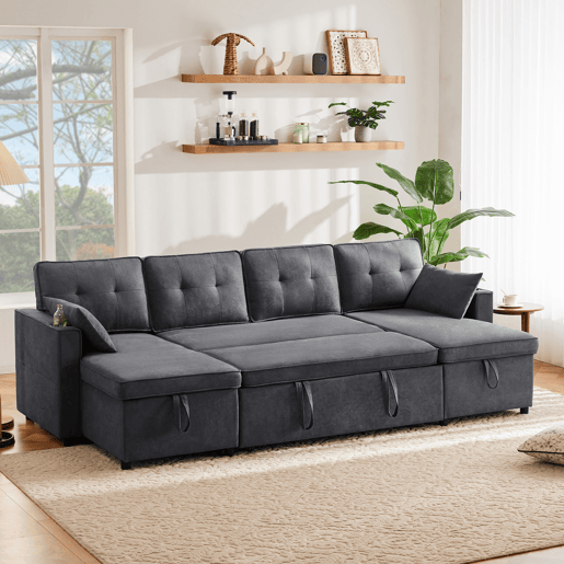 Sofá-cama em forma de U - Com função de cama, com porta-copos, arrumação, adequado para famílias - Cinza