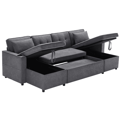 Sofá-cama em forma de U - Com função de cama, com porta-copos, arrumação, adequado para famílias - Cinza