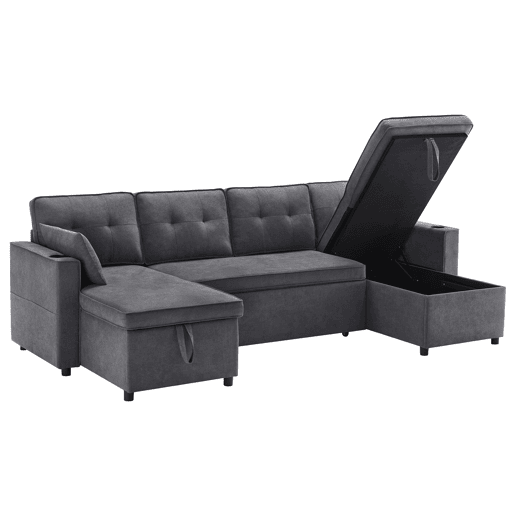 Sofá-cama em forma de U - Com função de cama, com porta-copos, arrumação, adequado para famílias - Cinza