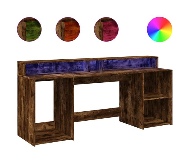 Escritorio - mesa de ordenador con led madera ingeniería roble ahumado 200x55x91 cm
