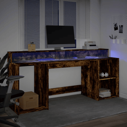 Secretária - Escrivaninha de computador luzes LED 200x55x91cm deriv. madeira carvalho fumado
