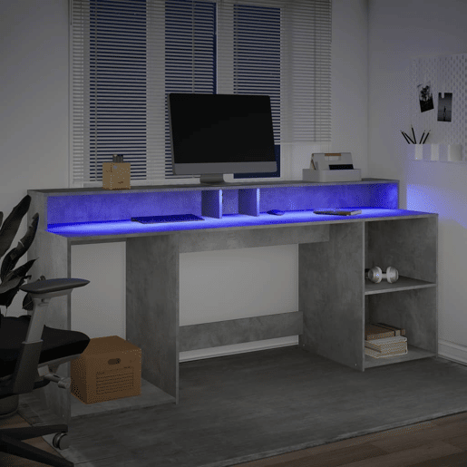 Secretária - Escrivaninha de computador luzes LED 200x55x91 cm deriv. madeira cinza cimento