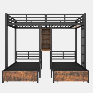 Cama beliche 140 x 200 cm + 90 x 200 cm - 3 camas, com barreiras laterais, com compartimentos de arrumação, 2 gavetas, prateleiras, sem colchão - Preto