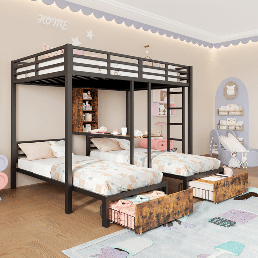 Cama beliche 140 x 200 cm + 90 x 200 cm - 3 camas, com barreiras laterais, com compartimentos de arrumação, 2 gavetas, prateleiras, sem colchão - Preto