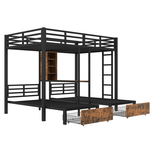 Cama beliche 140 x 200 cm + 90 x 200 cm - 3 camas, com barreiras laterais, com compartimentos de arrumação, 2 gavetas, prateleiras, sem colchão - Preto