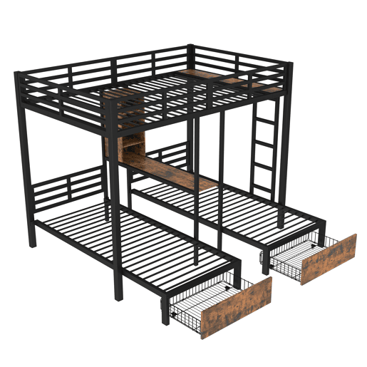 Cama beliche 140 x 200 cm + 90 x 200 cm - 3 camas, com barreiras laterais, com compartimentos de arrumação, 2 gavetas, prateleiras, sem colchão - Preto