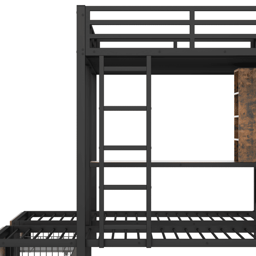 Cama beliche 140 x 200 cm + 90 x 200 cm - 3 camas, com barreiras laterais, com compartimentos de arrumação, 2 gavetas, prateleiras, sem colchão - Preto