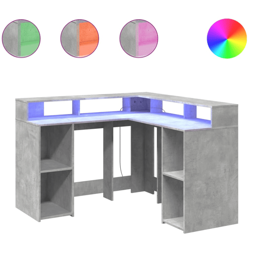 Secretária - Escrivaninha de computador luzes LED 130x130x91cm deriv. madeira cinza cimento