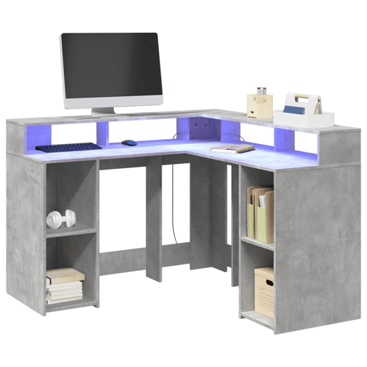 Secretária - Escrivaninha de computador luzes LED 130x130x91cm deriv. madeira cinza cimento
