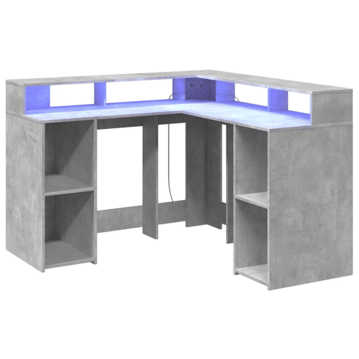 Secretária - Escrivaninha de computador luzes LED 130x130x91cm deriv. madeira cinza cimento