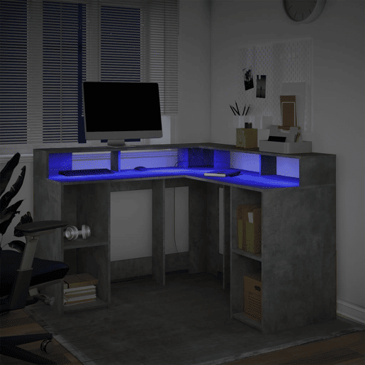 Secretária - Escrivaninha de computador luzes LED 130x130x91cm deriv. madeira cinza cimento