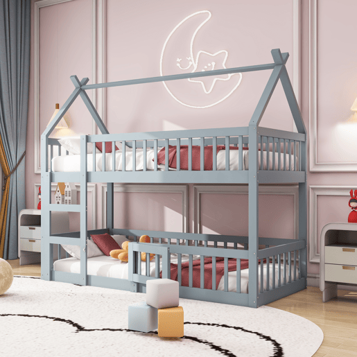 Beliche infantil 90x200 - Beliche com escada, design loft, estrutura em madeira maciça - Cinza