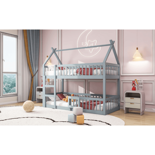 Beliche infantil 90x200 - Beliche com escada, design loft, estrutura em madeira maciça - Cinza
