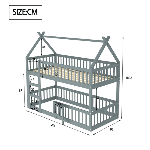 Beliche infantil 90x200 - Beliche com escada, design loft, estrutura em madeira maciça - Cinza