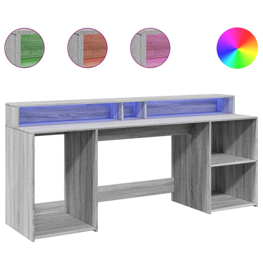 Secretária - Escrivaninha de computador luzes LED 200x55x91cm deriv. madeira cinzento sonoma