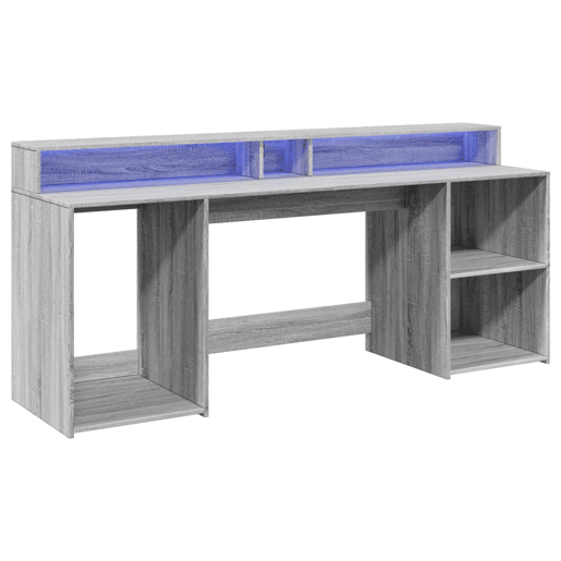 Secretária - Escrivaninha de computador luzes LED 200x55x91cm deriv. madeira cinzento sonoma