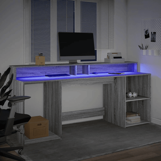 Secretária - Escrivaninha de computador luzes LED 200x55x91cm deriv. madeira cinzento sonoma