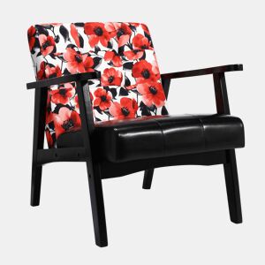 Sofá japonês preto com flores vermelhas - Apoios de braços em PU preto - Estilo vintage de meados do século
