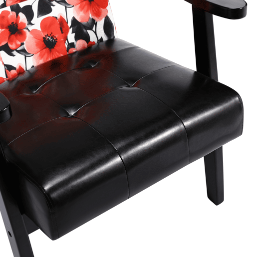 Sofá japonês preto com flores vermelhas - Apoios de braços em PU preto - Estilo vintage de meados do século