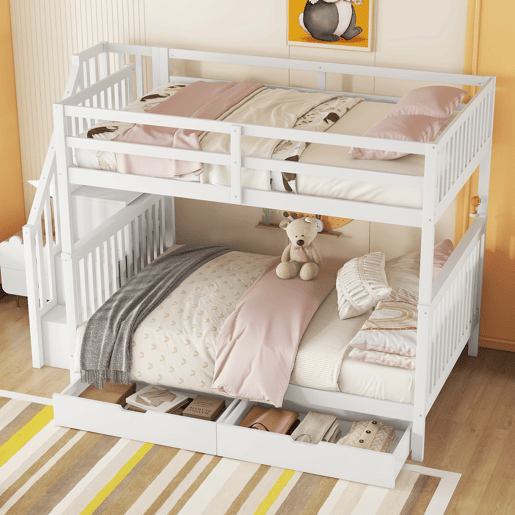 Litera 140x200 cm - Estante em escada, com duas gavetas, grades altas, certificação EN747-1 - Branco