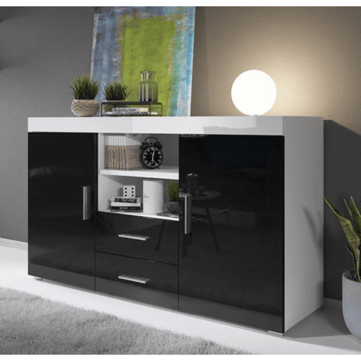 Aparador Sala de estar e jantar BrancoPreto 140x40x80 2 portas 2 gavetas Roque Muebles Bonitos