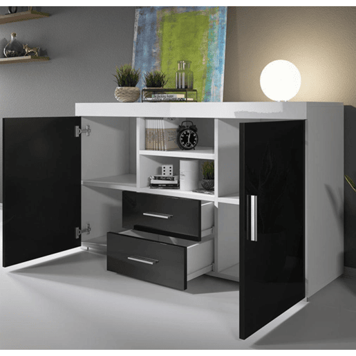 Aparador Sala de estar e jantar BrancoPreto 140x40x80 2 portas 2 gavetas Roque Muebles Bonitos