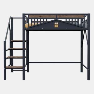 Cama alta metálica 140x200 cm - Design exclusivo com janela, escada de segurança e amplo espaço de arrumação debaixo da cama - Preta