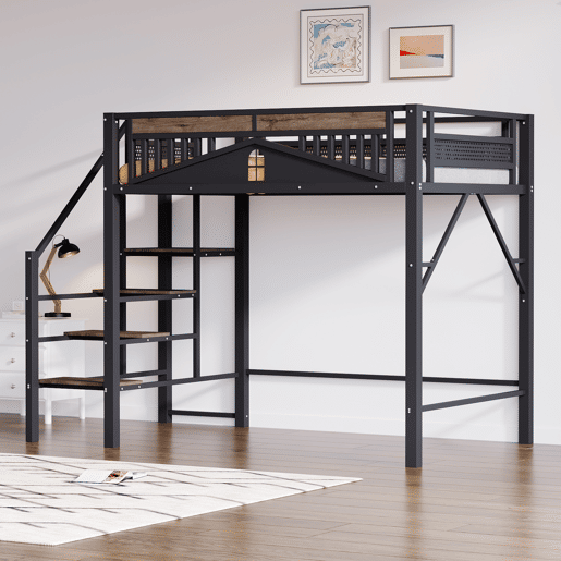 Cama alta metálica 140x200 cm - Design exclusivo com janela, escada de segurança e amplo espaço de arrumação debaixo da cama - Preta