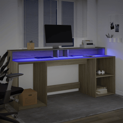 Secretária - Escrivaninha de computador luzes LED 200x55x91cm deriv. madeira carvalho sonoma