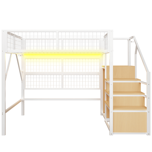 Cama alta metálica 140*200 cm - Com escada, arrumação e luzes LED controladas por APP - Branca