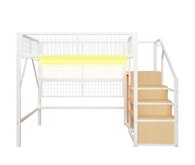 Cama alta metálica 140*200 cm - con escalera, almacenamiento y luces led controladas por app - blanco
