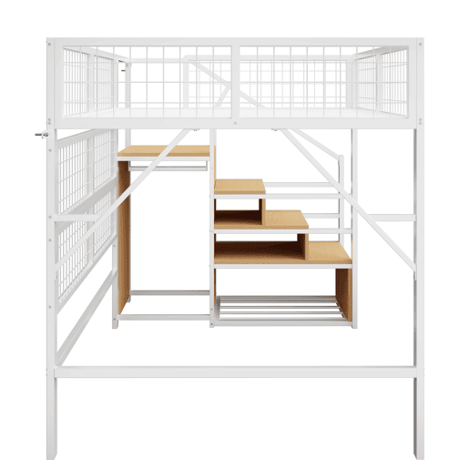 Cama alta metálica 140*200 cm - Com escada, arrumação e luzes LED controladas por APP - Branca