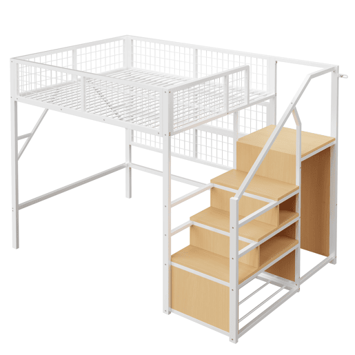Cama alta metálica 140*200 cm - Com escada, arrumação e luzes LED controladas por APP - Branca