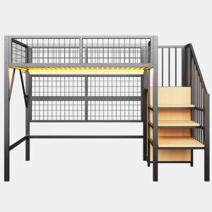 Cama alta metálica 90*200 - Com luzes LED controladas por APP, escada com arrumação, armário aberto - Preto