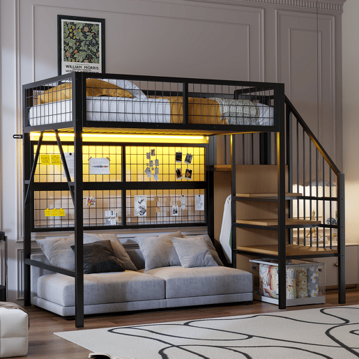 Cama alta metálica 90*200 - Com luzes LED controladas por APP, escada com arrumação, armário aberto - Preto
